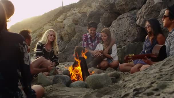 Mensen opknoping uit bij strand rond kampvuur — Stockvideo