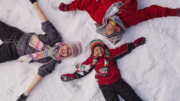 Família que põe na neve de inverno — Vídeo de Stock