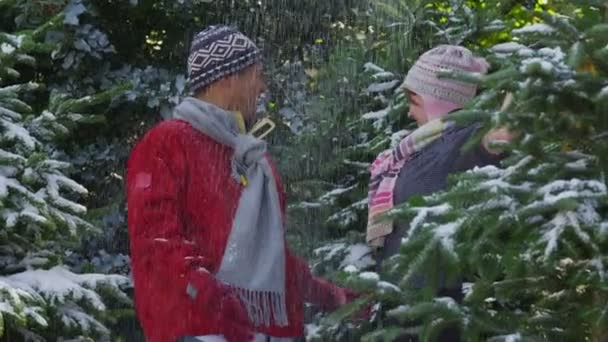 Pareja lanzando nieve — Vídeos de Stock