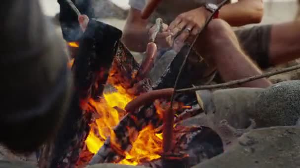 Hot dogs rostning i lägerelden — Stockvideo