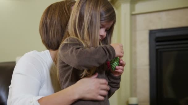 Madre e hijas colocando adornos de árboles — Vídeos de Stock