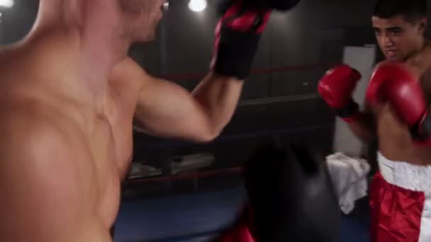 Boxers lutar no ringue de boxe — Vídeo de Stock