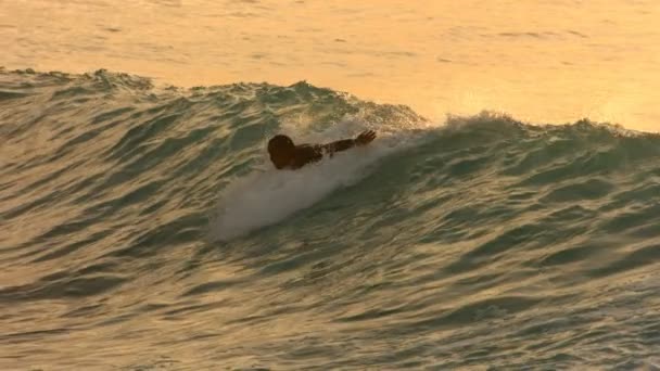 Surfer κουπιά στο κύμα — Αρχείο Βίντεο