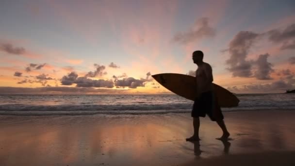 Surfeur marchant le long de la plage — Video