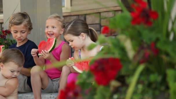 Kinderen eten watermeloen — Stockvideo