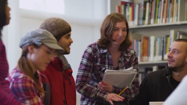 Studenten vergadering in bibliotheek — Stockvideo