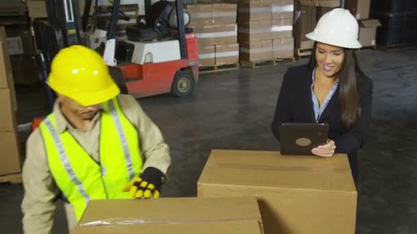 Работники, использующие цифровой планшет — стоковое видео
