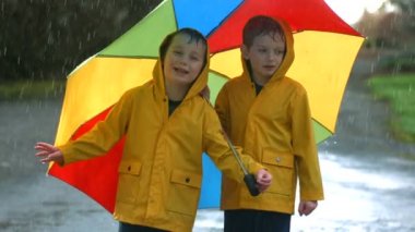 Çocuklar şemsiye ile yağmurda