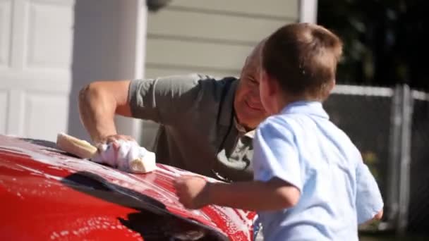 Grand-père et garçon lavage de voiture — Video