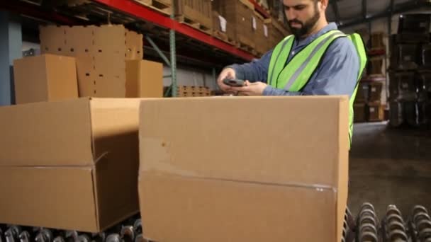 Hombre escanea etiquetas en cajas — Vídeos de Stock