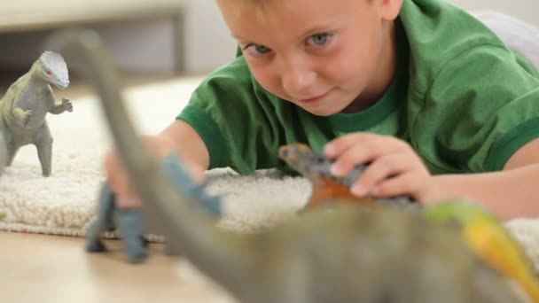 Boy playing with dinosaurs — Stock Video