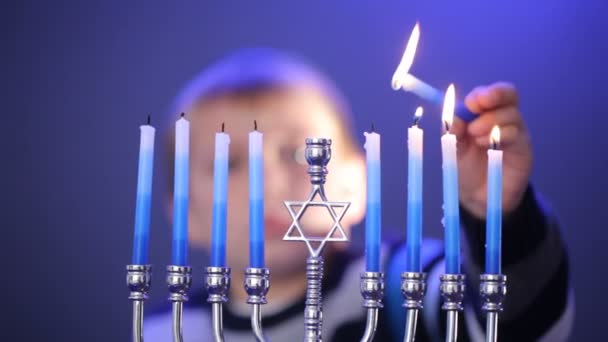 Boy lights menorah — Stock Video