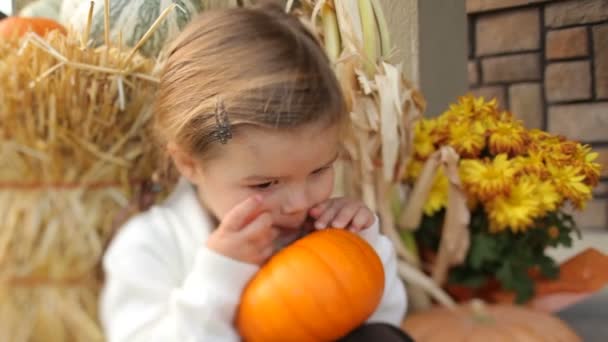 Girl with pumpkins — Stock Video