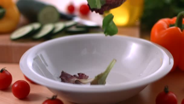 Salad falling into bowl — Stock Video