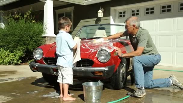 Дедушка и мальчик моют машину — стоковое видео