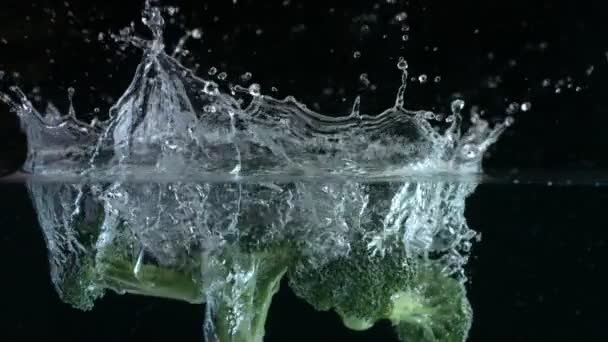 Broccoli splashing into water — Stock Video