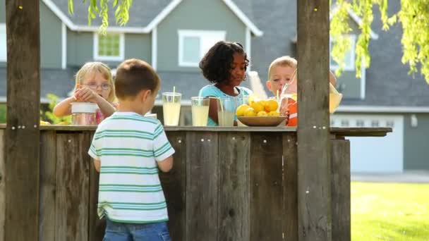 Дети с подставкой для лимонада — стоковое видео