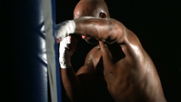 Entrenamiento de boxeador con saco de boxeo — Vídeos de Stock