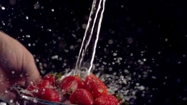 Opláchnutí jahody v cedníku — Stock video