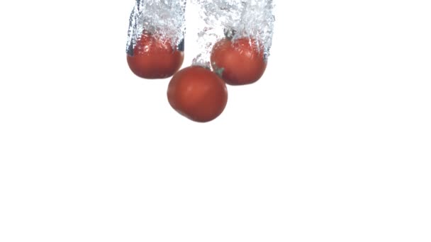 Tomaten spritzen ins Wasser — Stockvideo