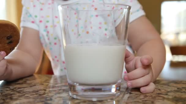 Kind taucht Kekse in Milch — Stockvideo