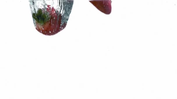 Erdbeeren, die ins Wasser spritzen — Stockvideo
