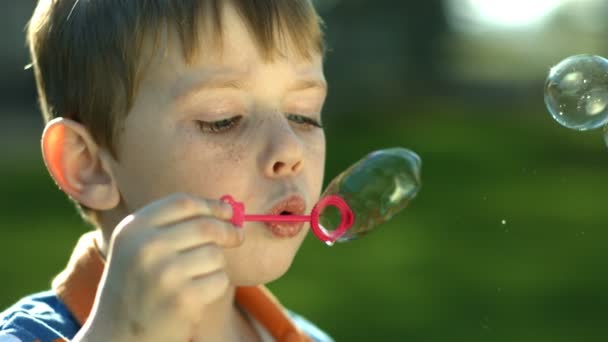 Boy blowing bubbles — Stock Video