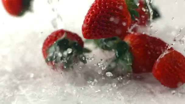 Fresas cayendo y salpicando — Vídeo de stock