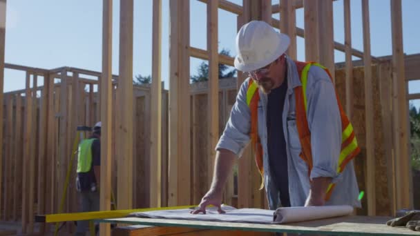 Workers looking over plans — Stock Video