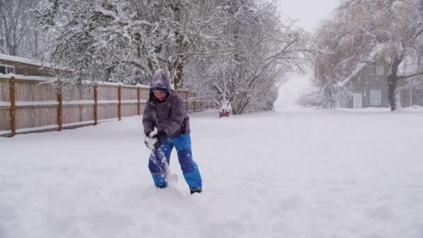 Αγόρι που ρίχνουν το χιόνι — Αρχείο Βίντεο