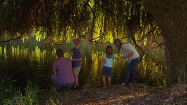 Family looking at pond — Stock Video