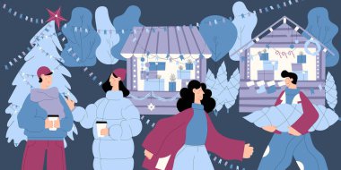 Kasaba meydanında insanların alışveriş yaptığı, sıcak şarap içtiği, eğlendiği, Noel hediyeleri aldığı bir Noel pazarının temsili çizimi.