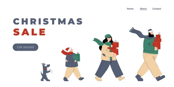 Weihnachtsverkauf Landing Page Mit Happy Family Trägt Weihnachtsgeschenke — Stockvektor
