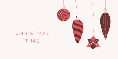 Noel zaman pankartı şablonu tasarla. Mutlu Noeller ve mutlu yıllar web sitesi düzeni. El yapımı Noel süsleri, Noel baloları. Moda vektör illüstrasyonu