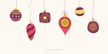 Mutlu Noeller afişi tasarla. Mutlu Noeller ve mutlu yıllar web sitesi düzeni. El yapımı Noel süslemeleri, Noel baloları. Moda vektör illüstrasyonu
