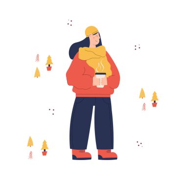 Mutlu Noeller ve mutlu yıllar! Şirin yeni yıl ve Noel vekil eli bir bardak sıcak şaraplı genç kadın karakterli Noel kartı çizmiş.