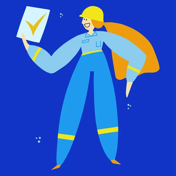 Kadın üretim işçisi teftiş ve teftiş yapıyor. Miğferli ve iş üniformalı kadın kağıtları işaretli tutuyor..