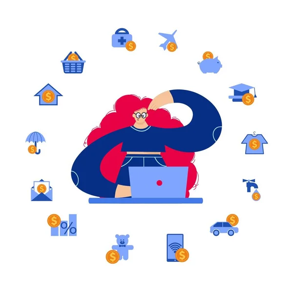 Kızıl saçlı kadın kişisel finansmanını farklı bütçe öğelerine ayırarak nasıl yöneteceğini düşünüyor.