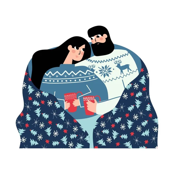 Couple Matching Sweaters Sitting Together Warm Cup Holiday Blanket Cozy — Stock Vector