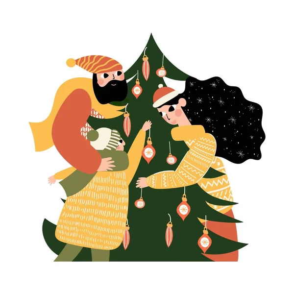 Familie Winter Handgezeichnete Vektor Illustration Einer Glücklichen Familie Weihnachten Und — Stockvektor