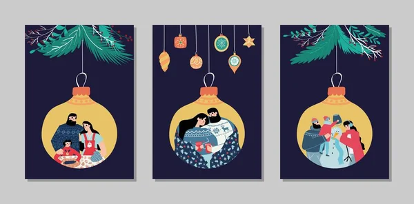 El yapımı vektör Mutlu Noeller ve Mutlu Yeni Yıl kartları seti şirin illüstrasyonlar, aile kurabiyeleri battaniyenin altında kardan adam, eski yılbaşı ağacı dalları, dekorasyon