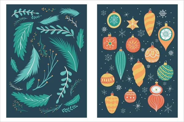 El yapımı vektör Mutlu Noeller ve eski çizimler, Noel ağacı, Noel süslemesi ve yılbaşı balosu içeren yeni yıl kartları seti.