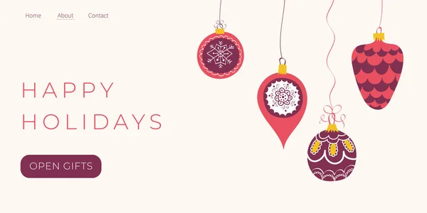 Mutlu Noeller İniş Sayfası Şablonu Tasarımı. Mutlu Noeller ve mutlu yıllar web sitesi düzeni. El yapımı Noel süsleri, Noel baloları. Moda vektör illüstrasyonu