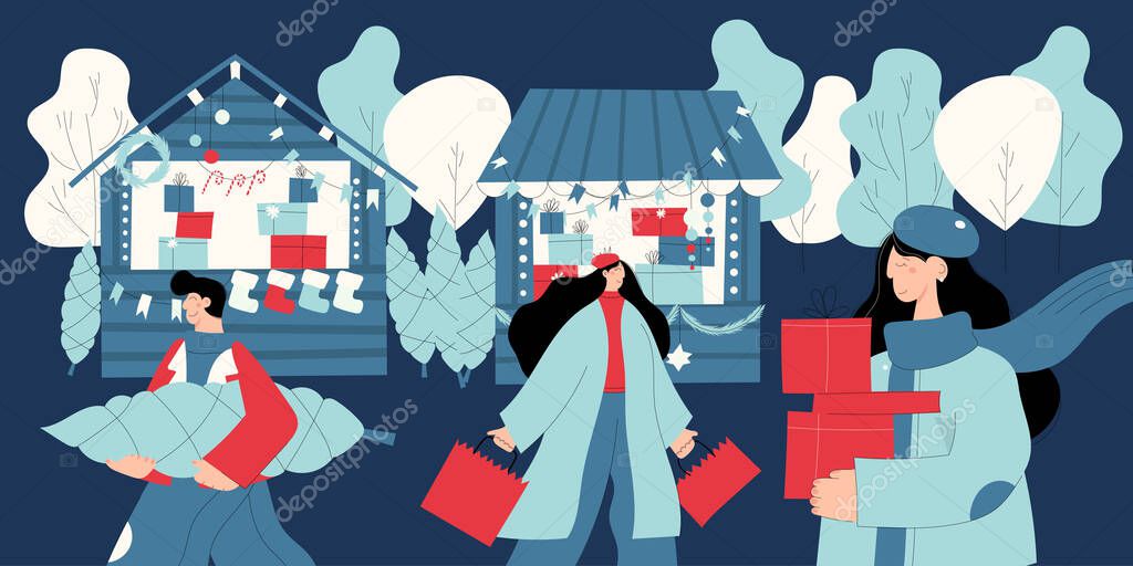 Christmas market or holiday outdoor fair on town square. People walking between decorated stalls or kiosks, shopping buying Christmas gifts. Vector hand drawn illustration