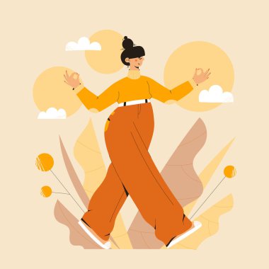 Doğa ve yapraklar üzerinde dikkatli yürüyüş egzersizi yapan tatlı bir kadın. Meditasyon için illüstrasyon, rahatlama, dinlenme, sağlıklı yaşam tarzı, farkındalık pratiği, ruhsal disiplin. Düz trend vektör illüstrasyonu