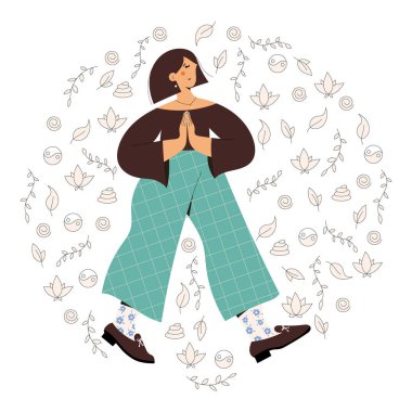 Doğa ve yapraklar üzerinde dikkatli yürüyüş egzersizi yapan tatlı bir kadın. Meditasyon için illüstrasyon, rahatlama, dinlenme, sağlıklı yaşam tarzı, farkındalık pratiği, ruhsal disiplin. Düz trend vektör illüstrasyonu