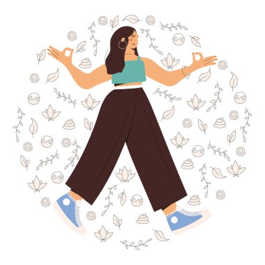 Doğa ve yapraklar üzerinde dikkatli yürüyüş egzersizi yapan tatlı bir kadın. Meditasyon için illüstrasyon, rahatlama, dinlenme, sağlıklı yaşam tarzı, farkındalık pratiği, ruhsal disiplin. Düz trend vektör illüstrasyonu