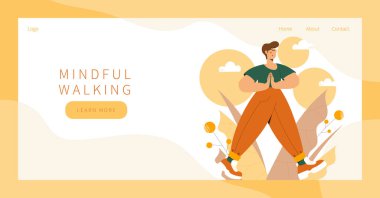 Doğa ve yapraklar üzerinde dikkatli bir yürüyüş egzersizi yapan tatlı bir adam. Meditasyon için illüstrasyon, rahatlama, dinlenme, sağlıklı yaşam tarzı, farkındalık pratiği, ruhsal disiplin. İniş sayfası, bayrak desing