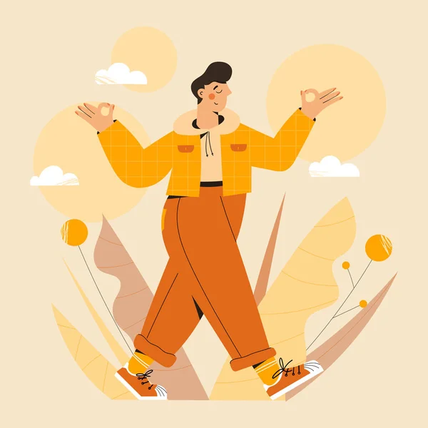 Doğa ve yapraklar üzerinde dikkatli bir yürüyüş egzersizi yapan tatlı bir adam. Meditasyon için illüstrasyon, rahatlama, dinlenme, sağlıklı yaşam tarzı, farkındalık pratiği, ruhsal disiplin. Düz trend vektör illüstrasyonu