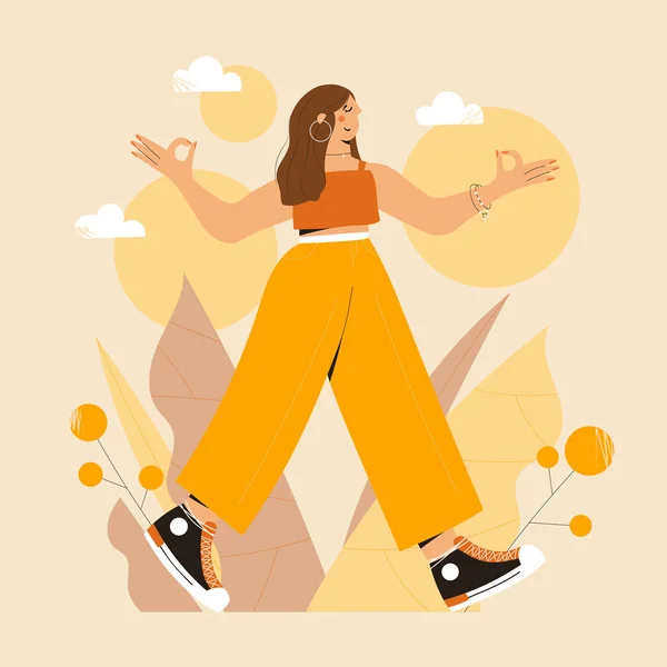 Doğa ve yapraklar üzerinde dikkatli yürüyüş egzersizi yapan tatlı bir kadın. Meditasyon için illüstrasyon, rahatlama, dinlenme, sağlıklı yaşam tarzı, farkındalık pratiği, ruhsal disiplin. Düz trend vektör illüstrasyonu